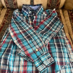 Chaps plaid button down shirt with red, black, blue and white.